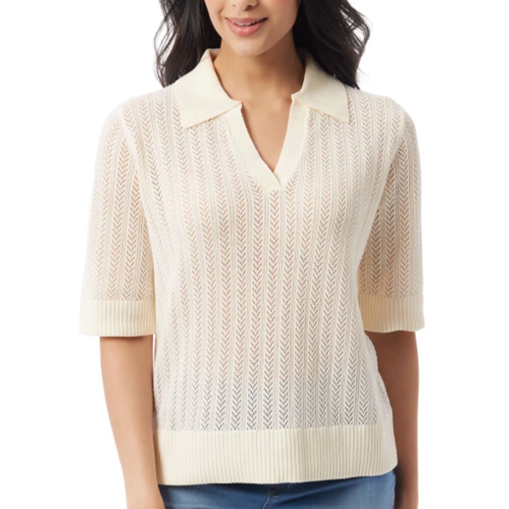 NWT Gloria Vanderbilt Women's, 3/4 Sleeve Collared V-Neck Knit Sweater Top White